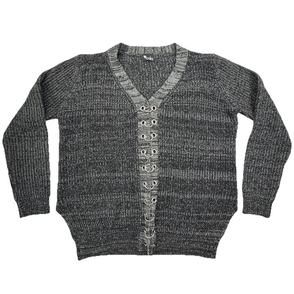 Cala Gray Sweater Womens Large V Neck Silver Grommet Detail Long Sleeve